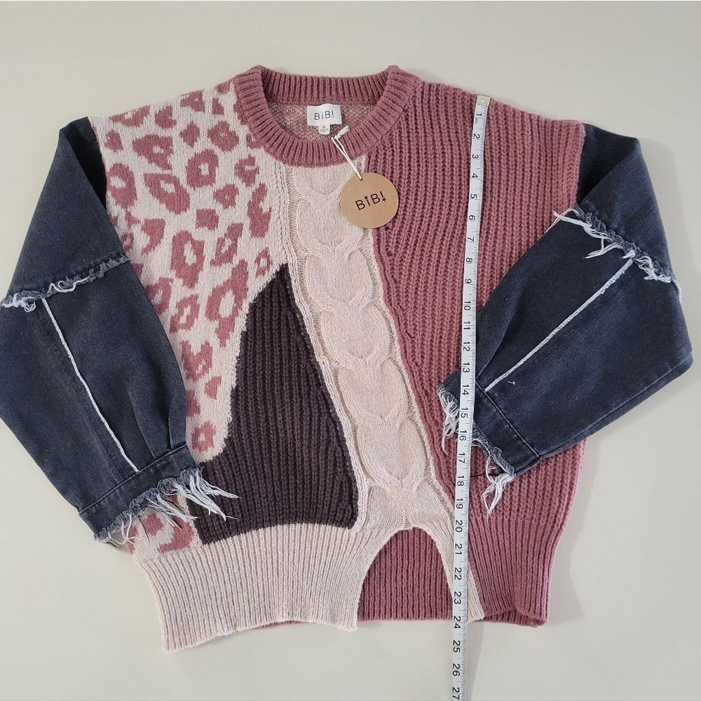 BiBi Denim Sleeve Leopard Sweater Rose Creme Black - Picture 6 of 16